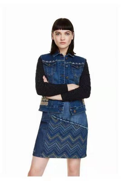 

2019 desigual denim jacket with sweater sleeve elastic fabric, Black;brown