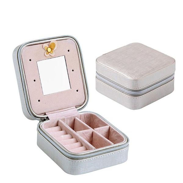 

mini travel leather jewelry box rings earrings storage display casket container makeup organizer packaging box with mirror, Pink;blue