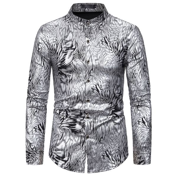 

social shirt fashion bronzing print stand collar long sleeve blouse male casual wild party slim shirts spring new 2020, White;black
