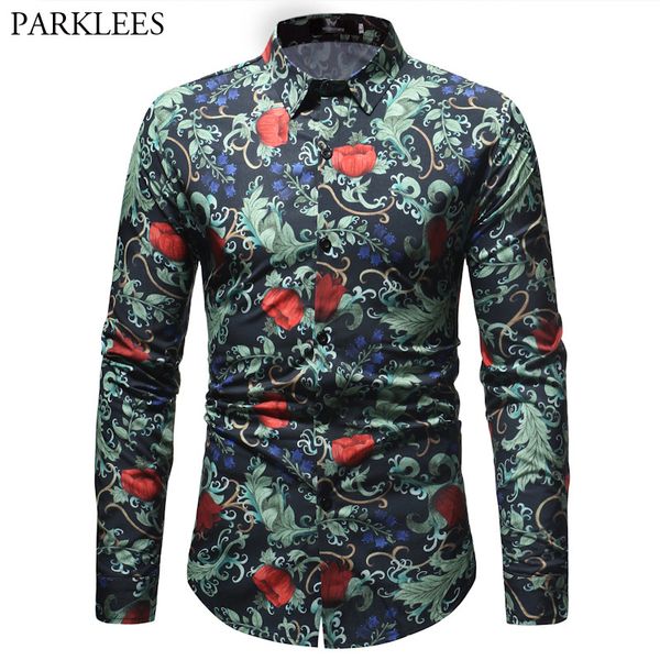 

men's casual shirts 3d floral print long sleeve shirt men 2021 brand hawaiian mens button down dress camisa social masculina, White;black