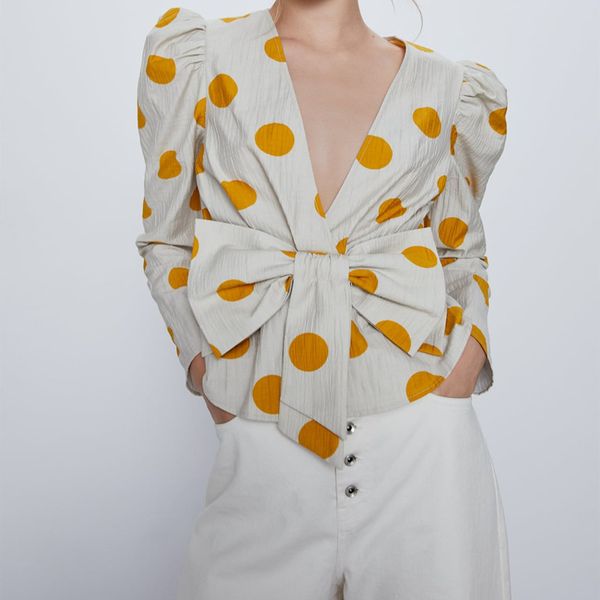 

fashion polka dot bow shirt women 2020 long sleeve v-neck puff shoulders female elegant print office blouse blusas, White