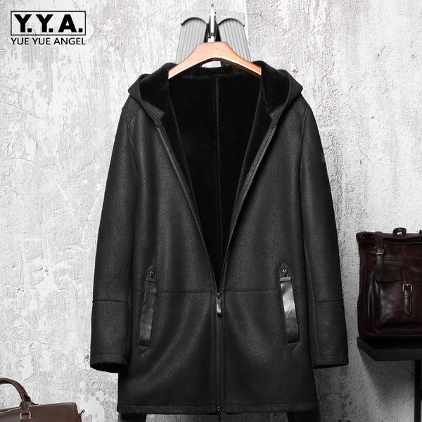 

winter mens natural lamb fur mid long coat hoody thick wool lining real fur jacket leather shearling overcoat 5xl, Black