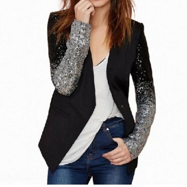

новые женщины с длинным рукавом блестки лоскутная blazer костюмы работа бизнес ol outwear блэйзерс пальто куртки сияющий tops wdc508, Black;gray