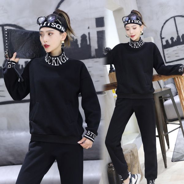 

women sportswear winter thick fleece warm sweater sweatshirt+pant running jogging fitness casual set sport suit tracksuit 2pcs, Black;blue