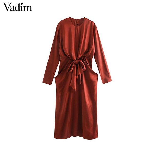 

vadim women elegant red midi dress long sleeve back zipper bow tie decorate pockets female casual stylish dresses vestidos qc927, Black;gray