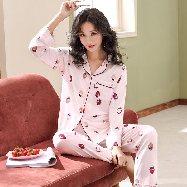 

modal cotton pajama sets strawberry print home clothes for women plus size -3xl turn-down collar nightwear, Blue;gray