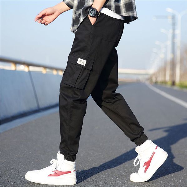 

fashion 202 men's korean trend spring elastic waist wild loose cargo streetwear hiking sports beam feet casual overalls trousers, Blue