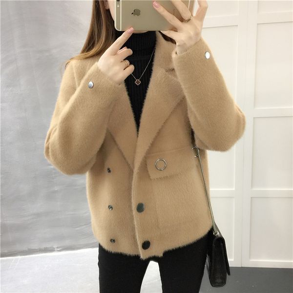

sweater jacket, korean version 2019 new loose knitted sweater, imitation mink velvet suit collar coat, White