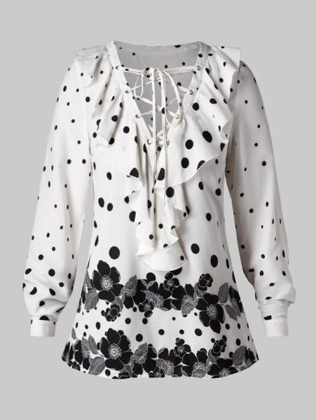 

women blouse dots printed floral flouncing lace up v neck shirt formal long sleeve work blouses white