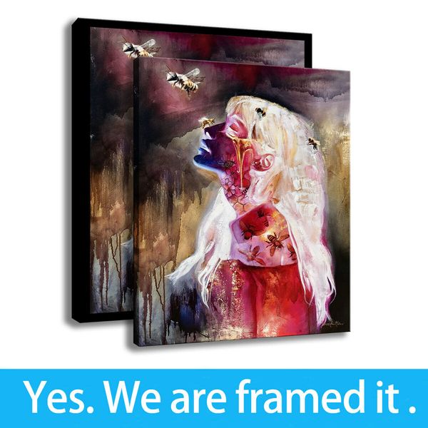 

porch decor wall art bee girl hd print on canvas modern character painting - ready to hang - framed