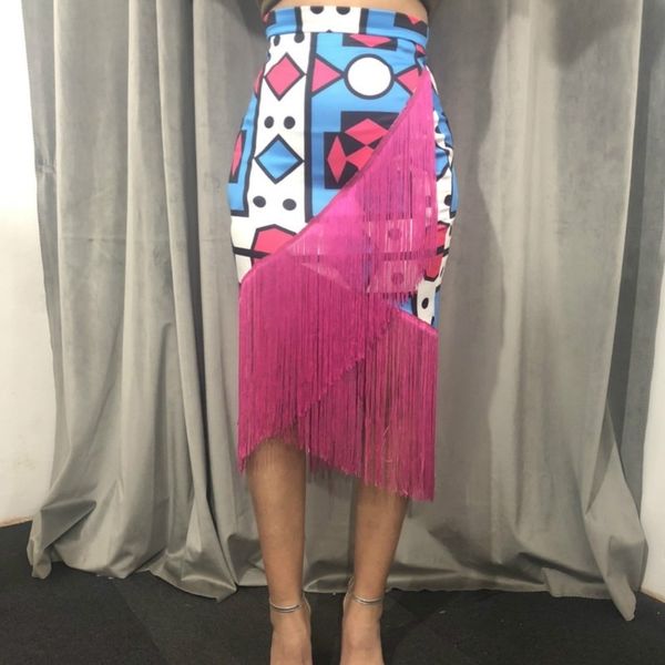 

high waist printed tassel skirts irregular african fringe modest elastic bodycon women spring summer elegant retro jupes falads, Black