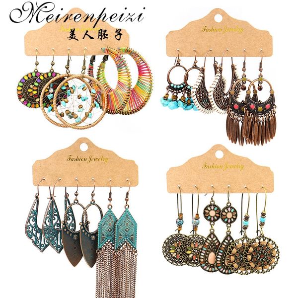 

bohemia sea shells drop earrings for women sets vintage ethnic big round stones wooden tassel fringe earring women's set jewelry, Silver