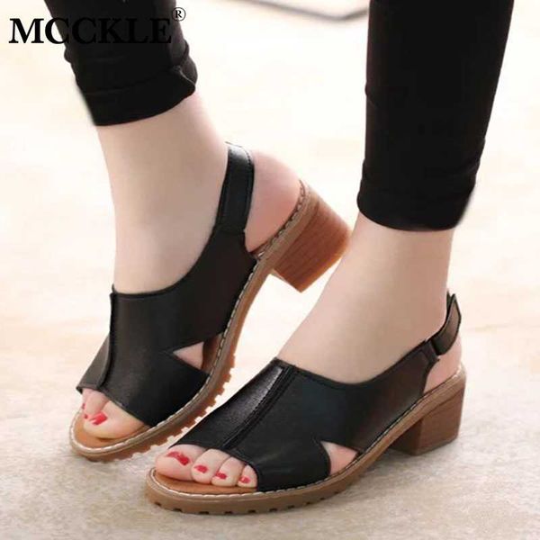 

mcckle women summer open toe pu leather chunky heels sandals woman buckle strap casual fashion shoes female ladies sandalias, Black