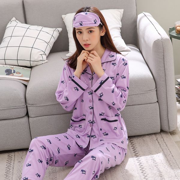 

new year women pajamas set autumn winter womens and blouses print cotton mother sleepwear sets send a eye mask, Blue;gray