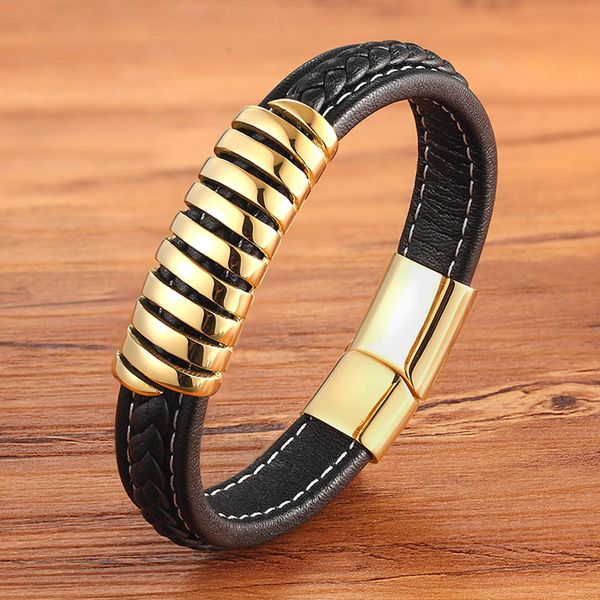 

tyo stainless steel magnetic clasp genuine men bracelet black handmade jelwelry charm bangle punk wristband gift for boy friend, Golden;silver