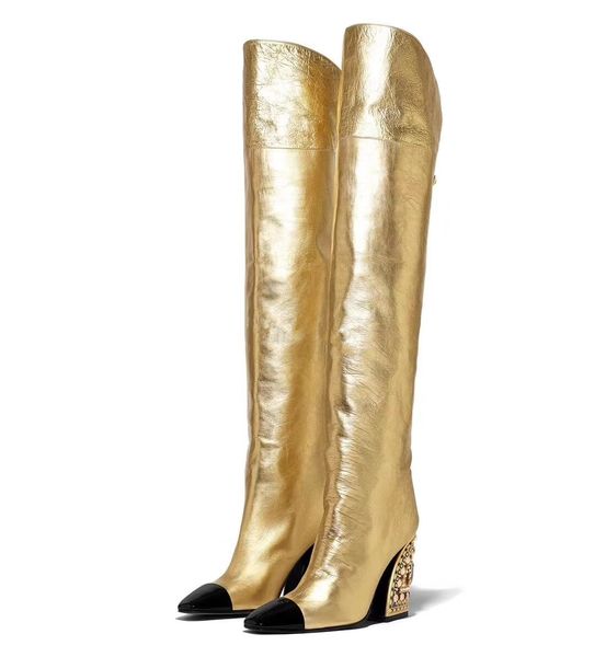 knee high boots with gold trim