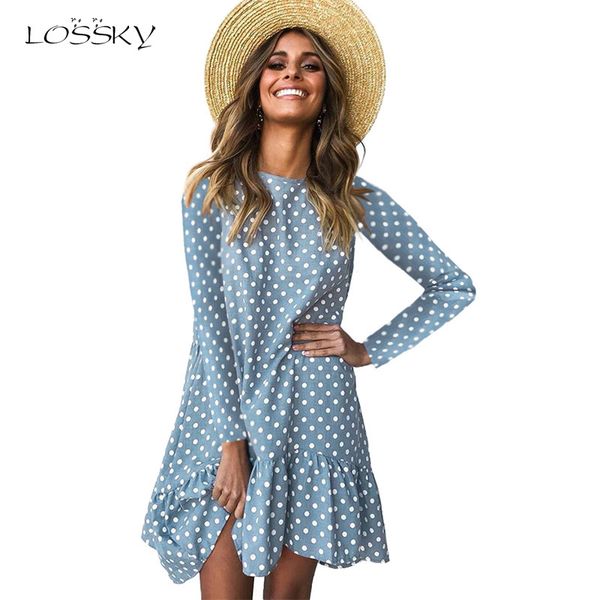 

lossky women spring dress fashion polka dot print ladies casual clothing long sleeve mini short loose yellow dresses 2020, Black;gray