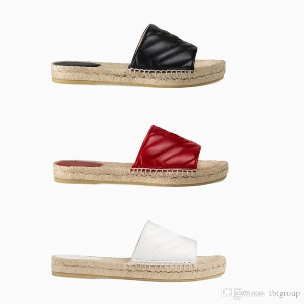 

women designer leather espadrille sandal luxury slipper flat platform shoes with the double metal beach weave shoes 4 color size 4-10, Black