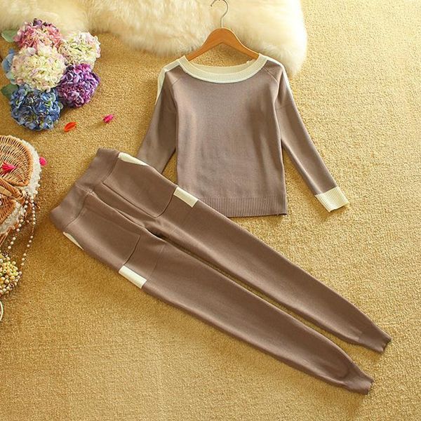 

women autumn winter casual knitted cotton sweaters long pants 2 pcs sets o neck long sleeve sweater pullovers trousers suits, White;black