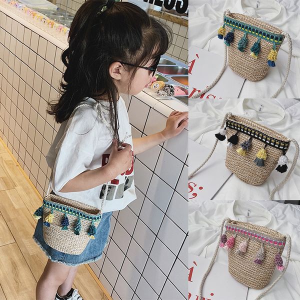 

fashion children's shoulder messenger bag tassel girls mini weaving bag coin purse beach straw for child sac