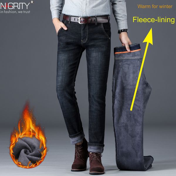 

nigrity winter thermal warm men fleece casual straight jeans stretch thick denim flannel soft pants trousers classic plus size, Blue