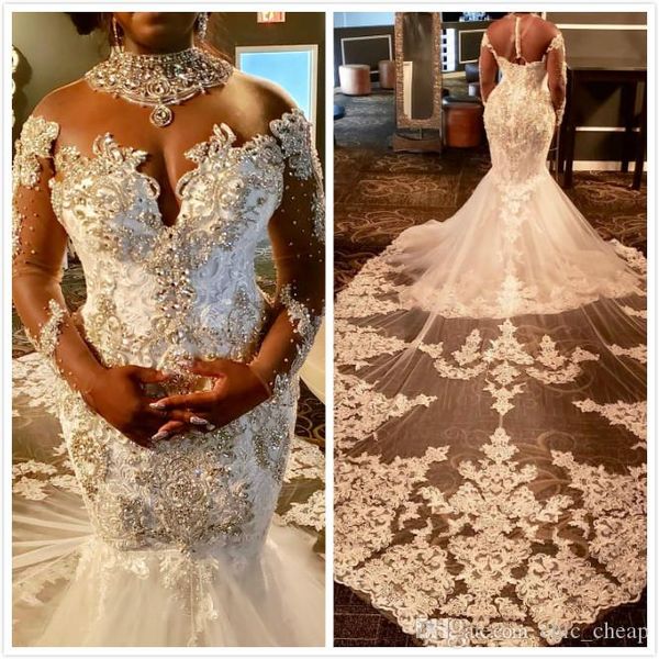 Arapça Aso Ebi Lüks Afrika Siyah Kızlar Artı Boyut Seksi Denizkızı Gelinlik Dantel Boncuk Kristalleri Gelinlik Gelin Gowns Vestidos