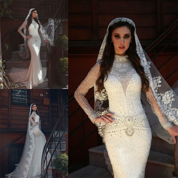 

luxury mermaid wedding dresses high neck long sleeves appliques crystal beaded sequins bridal gown sweep train custom made robes de mariÃ©e, White
