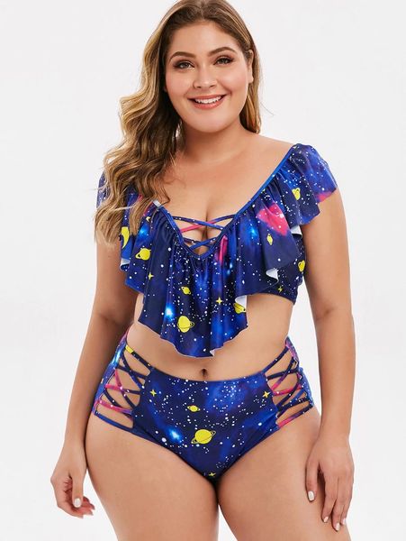 

wipalo flounces planet star moon print plus size tankini set v neck women bathing suit mid waist bottom beachwear 2019