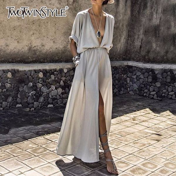 

twotwinstyle maxi women's dress summer beach v neck tunic high waist split long holiday dresses 2018 fashion casual clothes, White;black
