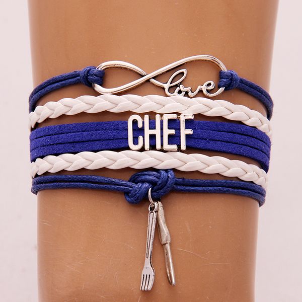 

10pcs)infinity love chef womens bracelet set knife fork charms braided leather bangles bracelets for women men wholesale, Golden;silver