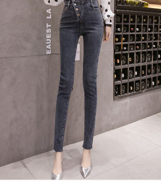 

blue tall waist four grain of buckle jeans are female