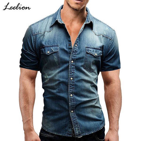 

icelion 2019 new short sleeves denim shirt men camisa social masculina slim fit pocket shirts fashion casual solid mens shirts, White;black