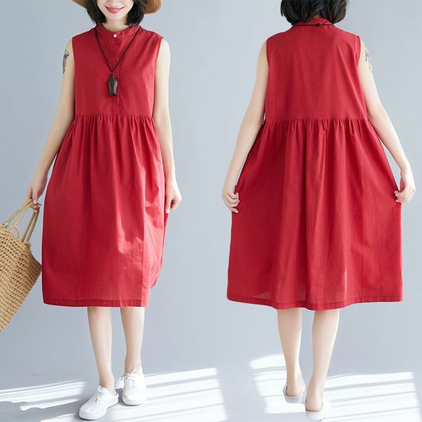 

2019 summer will code shirt skirt literature easy solid color cotton sleeveless long dress, White;black