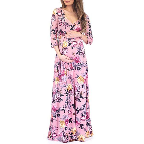 

muqgew women's maternity nursing dresses 2019 autumn fashion pregnancy v-neck long sleeve print floral long dress robe grossesse, White