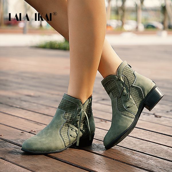 

lala ikai women autumn winter ankle boots lace-up hollow waterproof shoes pu leather female zipper fringe boots wc4747-4, Black