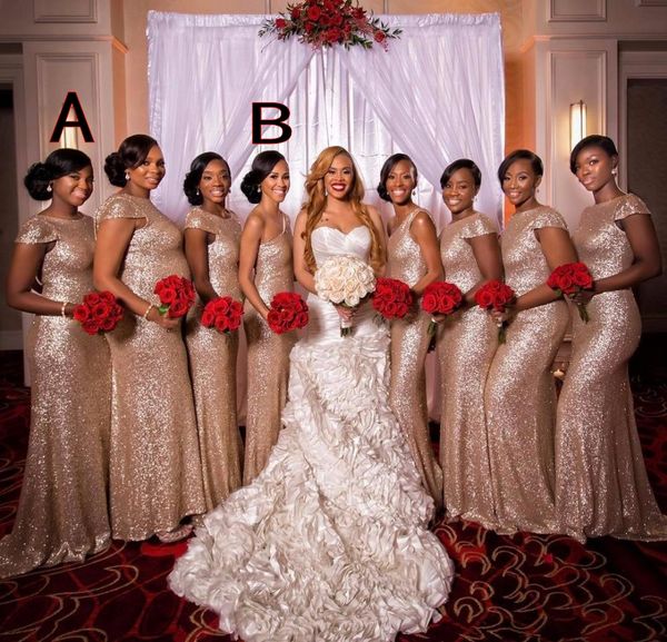 

rose gold sequined long bridesmaid dresses jewel short capped sleeves mermaid party gowns back zipper sweep train custom made, White;pink