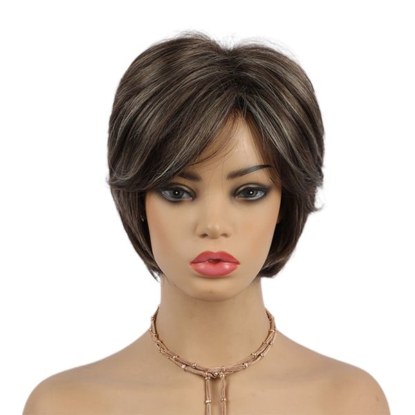 

10'' fashion female human hair short pixie natural party costume full head wigs, Black