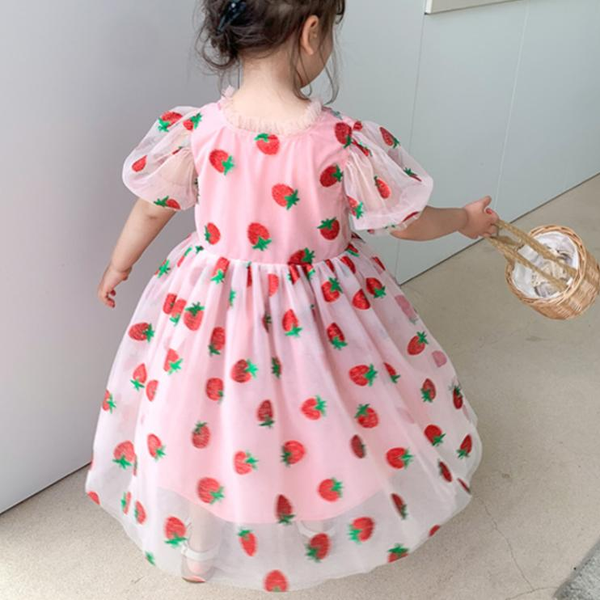 

little girls puff sleeve strawberry veil princess dresses 2020 summer new children lace fashion ball gown dress toddler, Red;yellow