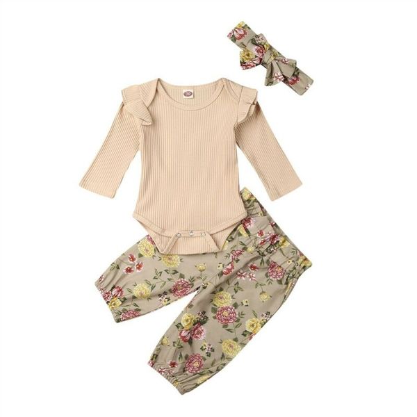 

3pcs infant baby girl ruffle romper floral pants headband outfit clothes, White