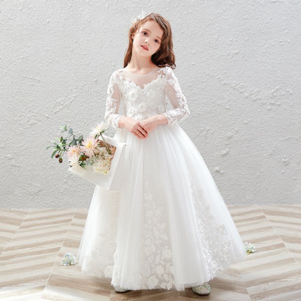 

2020 long style long sleeve transparent sleeve handmade flower decoration simple good-looking fashion peng peng dress host girl piano perfor, White;blue
