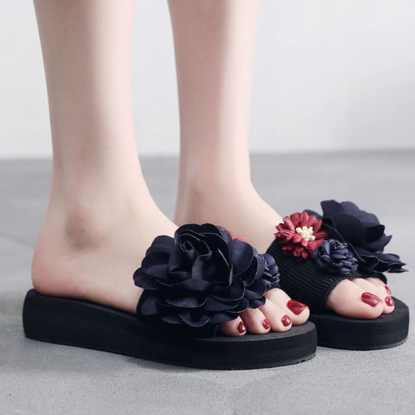 

sagace shoes summer women's new fashion wears flowers slippers seaside vacation shoes non-slip flat-bottom beach soft j11, Black