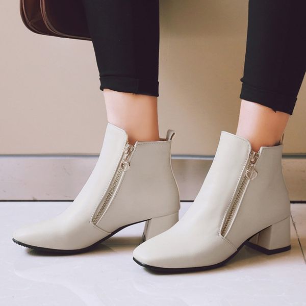 

big size ma'am coarse heel short boots pure color side zipper boot barre high heel boots, Black