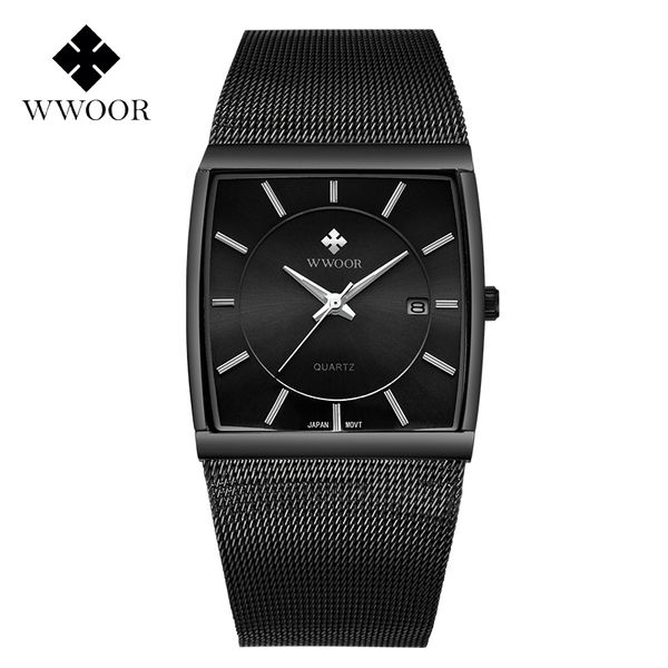 

wwoor 8831 mens quartz wrist watch slim square business men watches brand luxury waterproof steel mesh male date clock watch, Slivery;brown