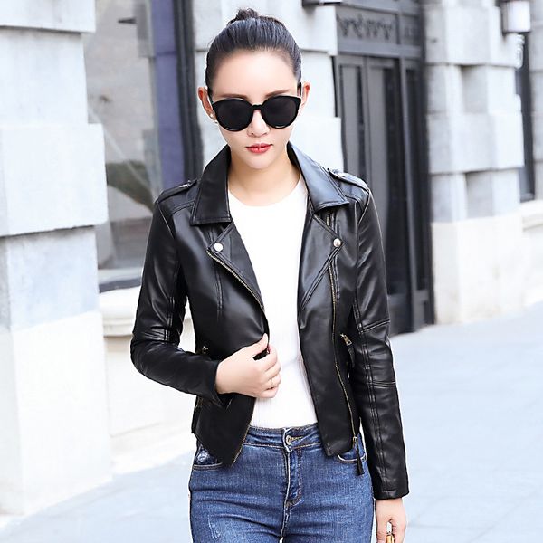 

2020 new listing women slim leather jacket short locomotive leather coat lapel zipper motorcycle pu jacket plus size 4xl, Black