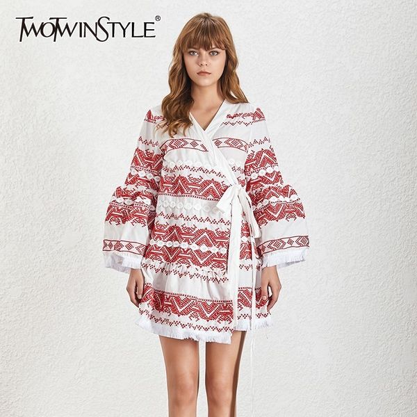 

twotwinstyle embroidery patchwork women dress v neck flare sleeve high waist lace up mini dresses female summer 2019 fashion, Black;gray