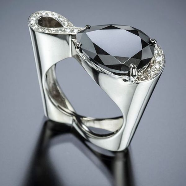 

modern 2019 twist infinity crystal women rings big black water drop zircon stone wedding ring hollow heart silver jewelry z3m305, Golden;silver