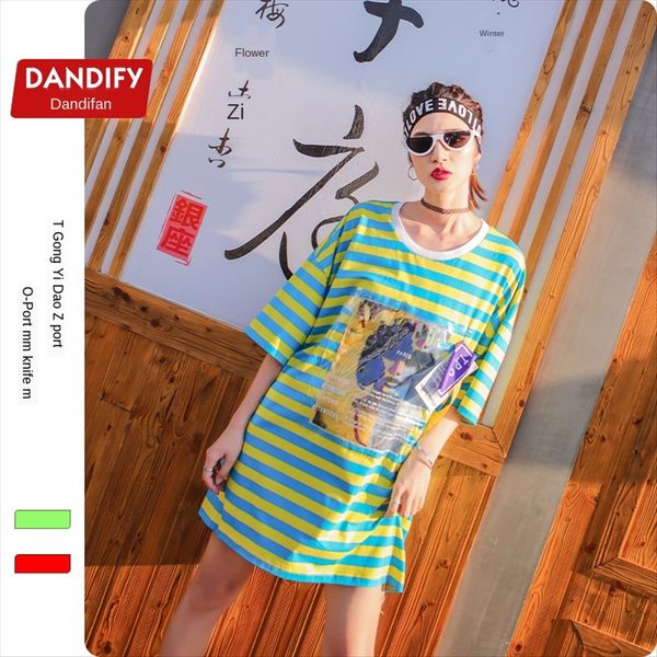 

women's 2020 xia t-shirt kuansong t-skirt long fashionable brand round collar striped t-shirt women's top, White