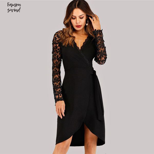 

dresses solid v neck lace wrap dress women summer party black ladies womens clothing elegant long sleeve dress, Black;gray