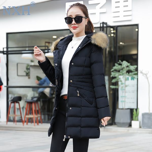 

nxh 2019 fur winter jacket long coat fur women removable hat slim parka women windbreak female coat waterproof, Black