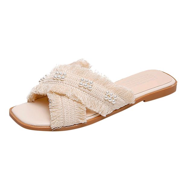 

sagace women's fashion slippers pearl round head solid color casual flat slippers comfortable summer new listing 2019, Black